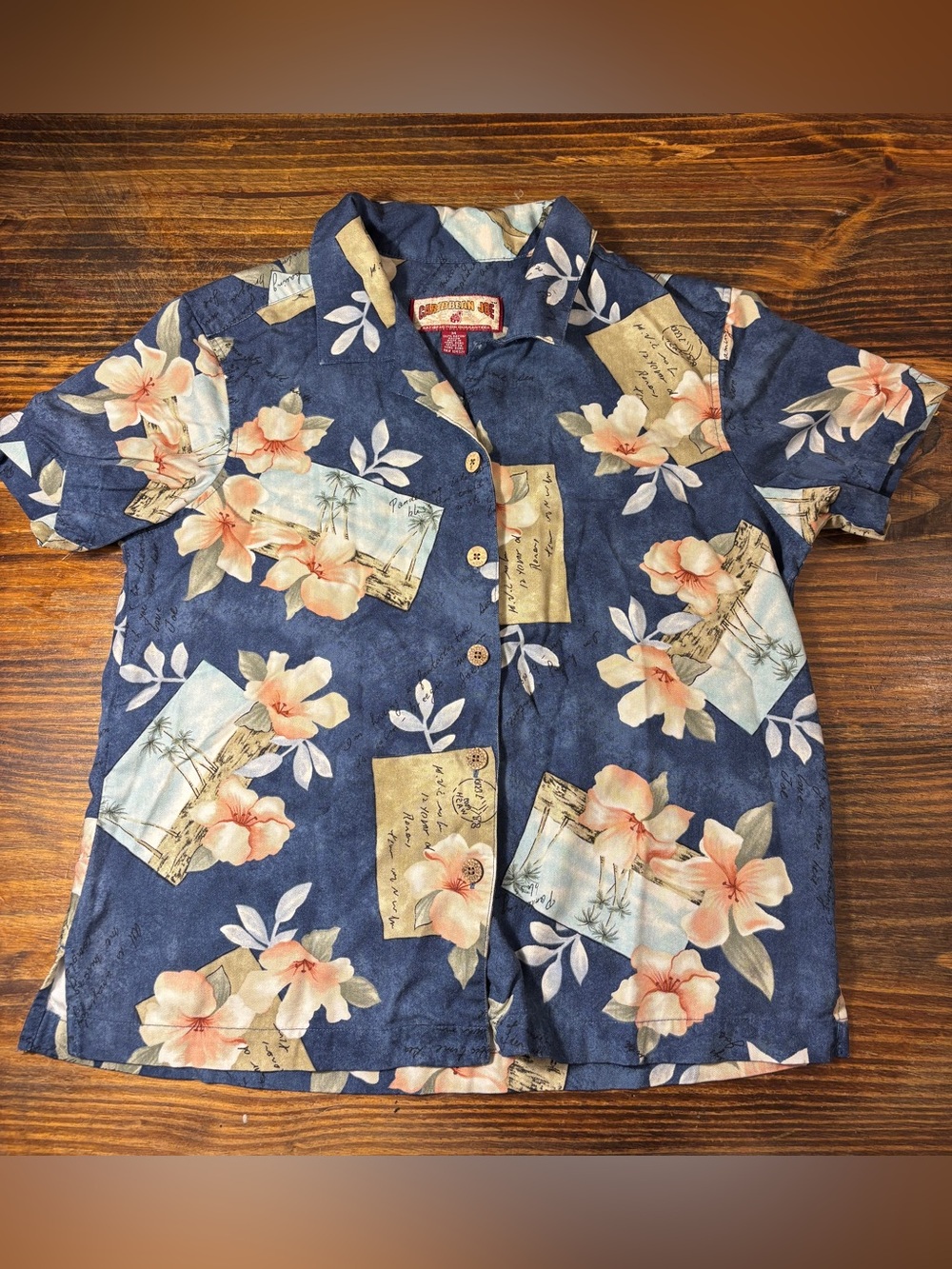 Vintage Caribbean Joe Hawaiian Camp Shirt Women’s M Blue Floral Rayon Tropical